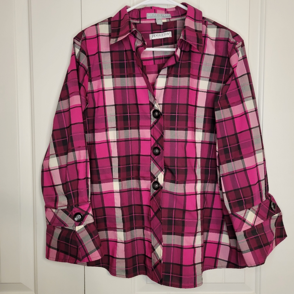 Pendleton Pink Plaid Blouse, silky cotton mix